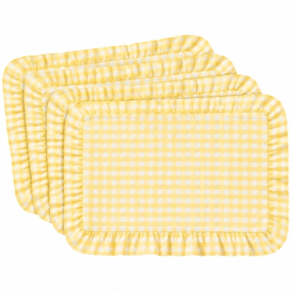 4 Pcs Gingham Placemats with Ruffle Edge, Yellow Checkered Cotton Table Mats in French Country Style, Elegant Ruffle Placemats for Tea Party, Brunch and Dining Table Decor