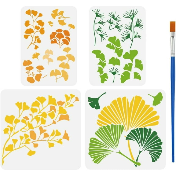 4 Pcs Ginkgo Tree Stencil with Brush A4/11.8inch Layered Leaf Pattern Painting Stencil Reusable PET Plant Themes Decoration Template