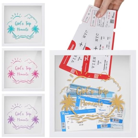 4 Pcs Girls Trip Travel Shadow Box, 8 x 8 Inch Adventure Archive Box for Memories Top Loading Stub Keepsake Display Case with Slot On Top for Plane Photo Souvenir Concert Music Theater Ticket