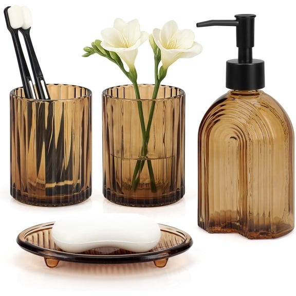 4 Pcs Glass Bathroom Accessories Set,11oz Liquid Arch Design Hand Soap Dispenser with Stripe Toothbrush Holder