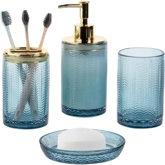 4 Pcs Glass Bathroom Accessories Set with Toothbrush Holder, Soap Dish, Pump Dispenser, Tumbler Cup