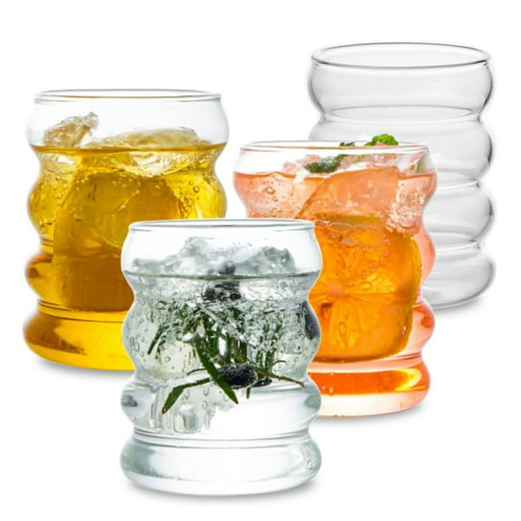 4 Pcs Glass Cups Cute Ripple Shaped Vintage Drinking Glasses Clear Ribbed Glassware Cups for Kitchen Coffee Juice Beverage Water Milk Beer Wine Glasses Bar Decor Aosijia