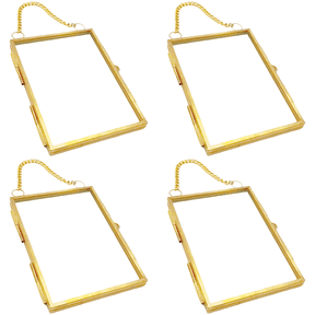4 Pcs Glass Frame for Pressed Flowers, 2.2 x 3.2 in / 5.7 x 8.2 cm Brass Hanging Photo Frame with Metal Chain, Double Glass Frame, DIY Vintage Home Decor, Elegant Display for Dried Specimen