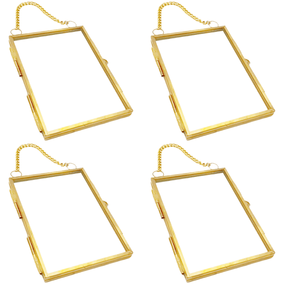 4 Pcs Glass Frame for Pressed Flowers, 2.2 x 3.2 in / 5.7 x 8.2 cm Brass Hanging Photo Frame with Metal Chain, Double Glass Frame, DIY Vintage Home Decor, Elegant Display for Dried Specimen