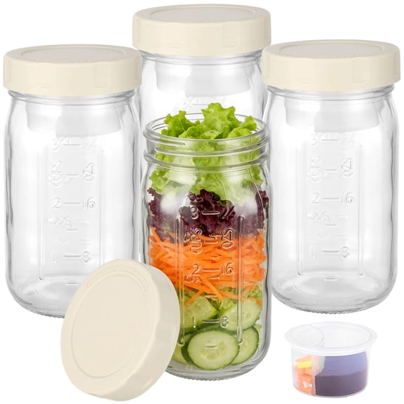 4 Pcs Glass Salad Containers, 800 ml 24 oz Airtight Meal Prep Jars with Wet Dry Separation Cup, Leakproof Lunch Containers for Yogurt Overnight Oats Smoothie Snack