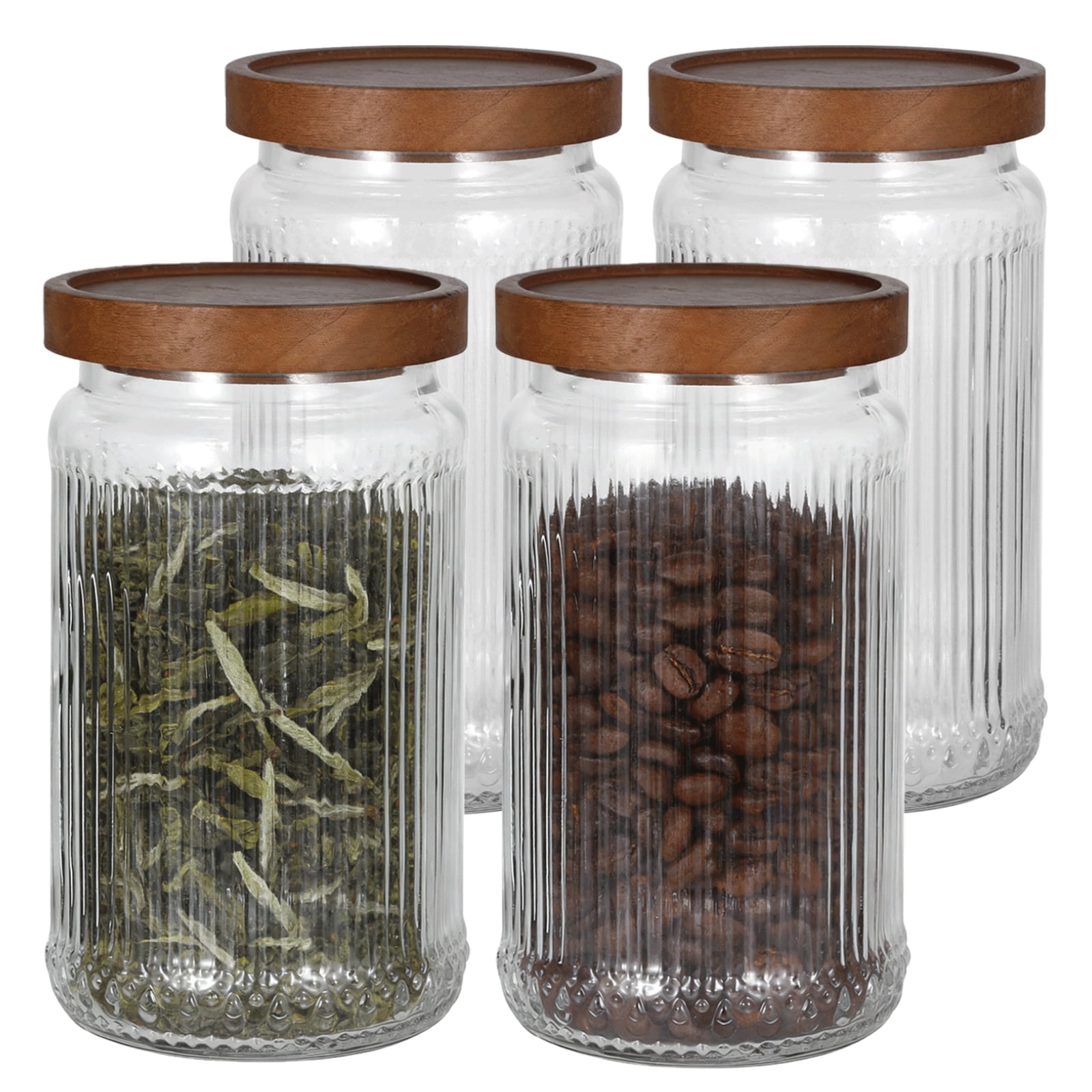 4 Pcs Ribbed Glass Jars with Lids, 32 oz Large Storage Canisters with Airtight Wooden Lids, Vintage Clear Food Storage Containers for Candy, Coffee Beans, Grains, Tea, Sugar