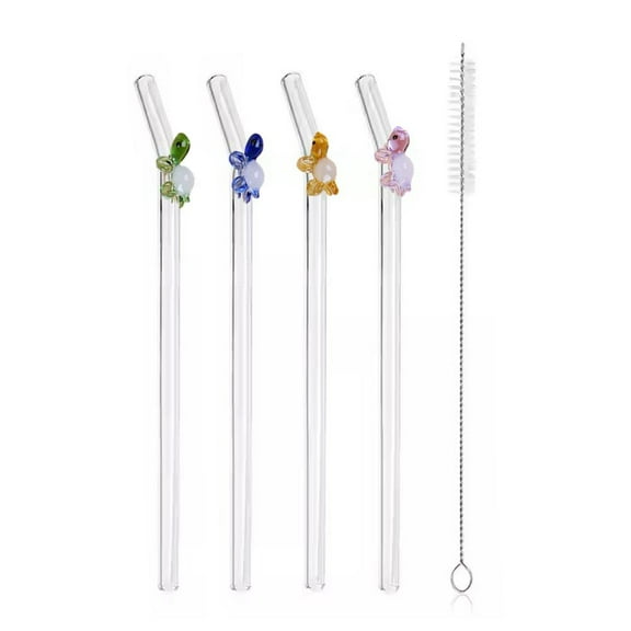 4 Pcs Glass Straws with Turtle Reusable Turtle Design Glass Straws with Stra Bend Drinking Cleaning Brushes,Fun Glass
