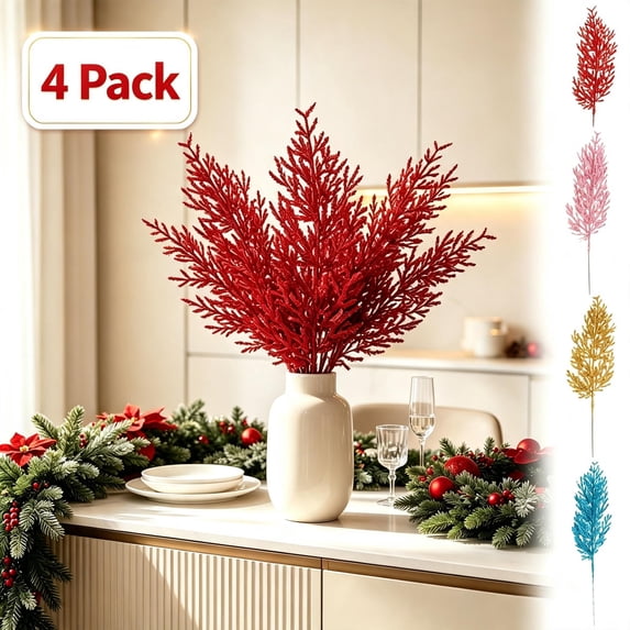4 Pcs Glitter Artificial Leaf Sprays Christmas Picks Decorations, Glittered Foliage Stem for Vase Arrangement Wreath Garland Xmas Tree Home Wedding Party Retail Window Decor, Pink, 14.17in