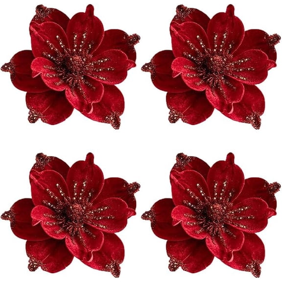 4 Pcs Glitter Artificial Magnolia Flower for Tree Christmas Poinsettia Magnolia Flower Glitter Velvet Magnolia Flower Decorative for Christmas Tree New Year Wedding Party Decoration (Red)