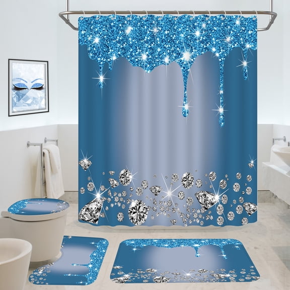 4 Pcs Glitter Diamond Shower Curtain Sets, Blue Shiny Drips Bath Decor with Rugs and Toilet Lid Cover, Fresh Color Luxury Texture Colorful Bling Modern Bathroom Curtain with 12 Hooks, 72 x 72 inches