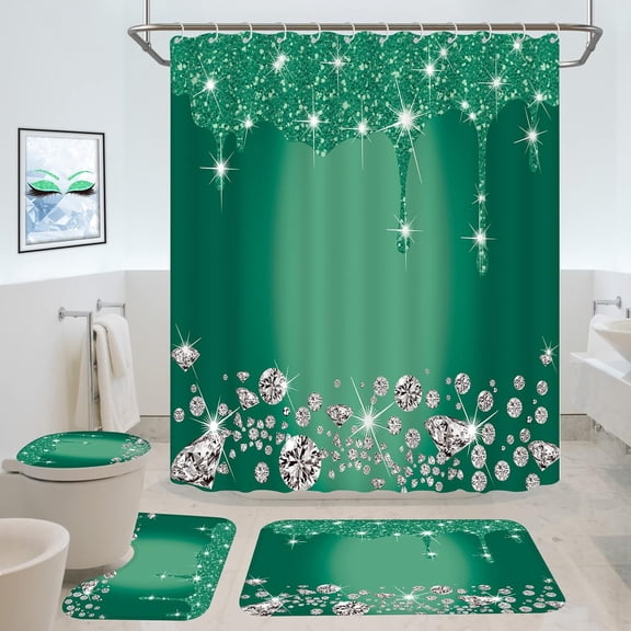 4 Pcs Glitter Diamond Shower Curtain Sets, Deep Green Shiny Drips Bath Decor with Rug and Toilet Lid Cover, Emerald Green Luxury Texture Colorful Bling Modern Bathroom Curtain with 12 Hooks, 72 x 72