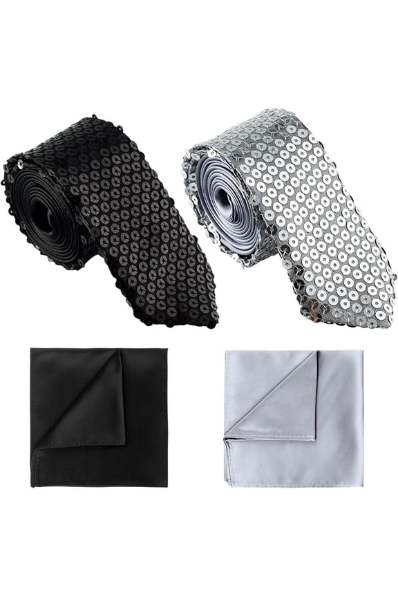 4 Pcs Glitter Sequin Tie and Pocket Square Set, Sequin Sparkly Party Neck Tie, Unisex Tie, for Fancy Dress Magic Show, Cocktail Hen Wedding Party Costume Stage Dance Show