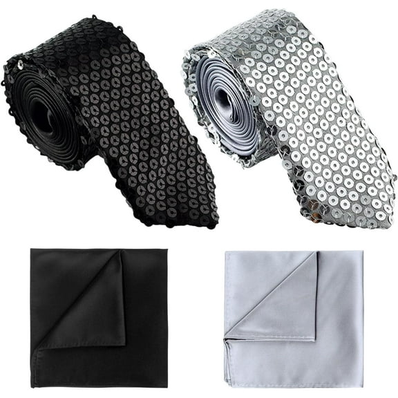 4 Pcs Glitter Sequin Tie and Pocket Square Set, Sequin Sparkly Party Neck Tie, Unisex Tie, for Fancy Dress Magic Show, Cocktail Hen Wedding Party Costume Stage Dance Show