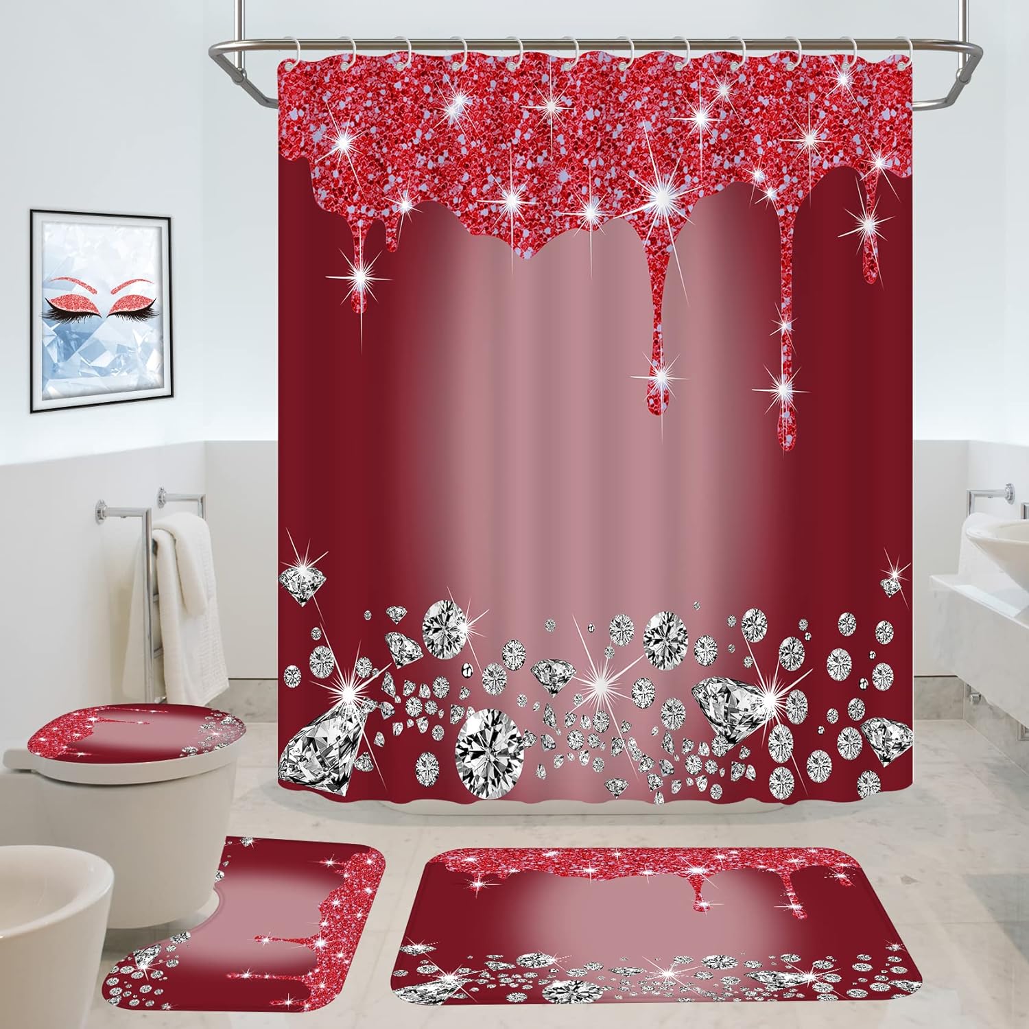 4 Pcs Glitter Shower Curtain Sets Blue Shiny Drips Bath Decor with Rugs