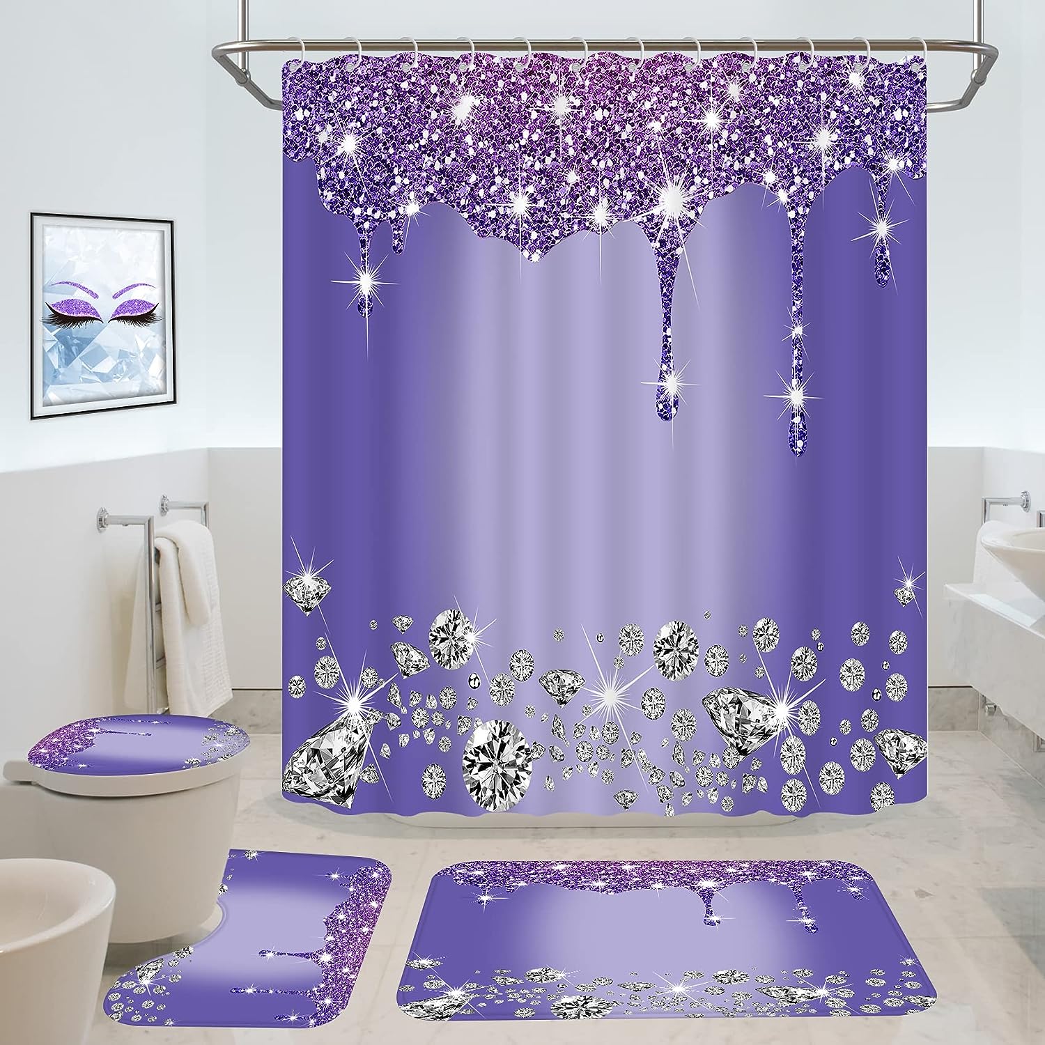 4 Pcs Glitter Shower Curtain Sets Blue Shiny Drips Bath Decor with Rugs