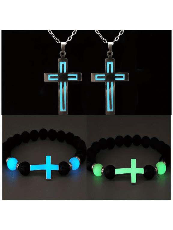 4 Pcs Glow-in-the-dark Cross Pendant Necklace Bracelet Couples Gift Cross Charm Cross Charm Stainless Steel Necklace Set