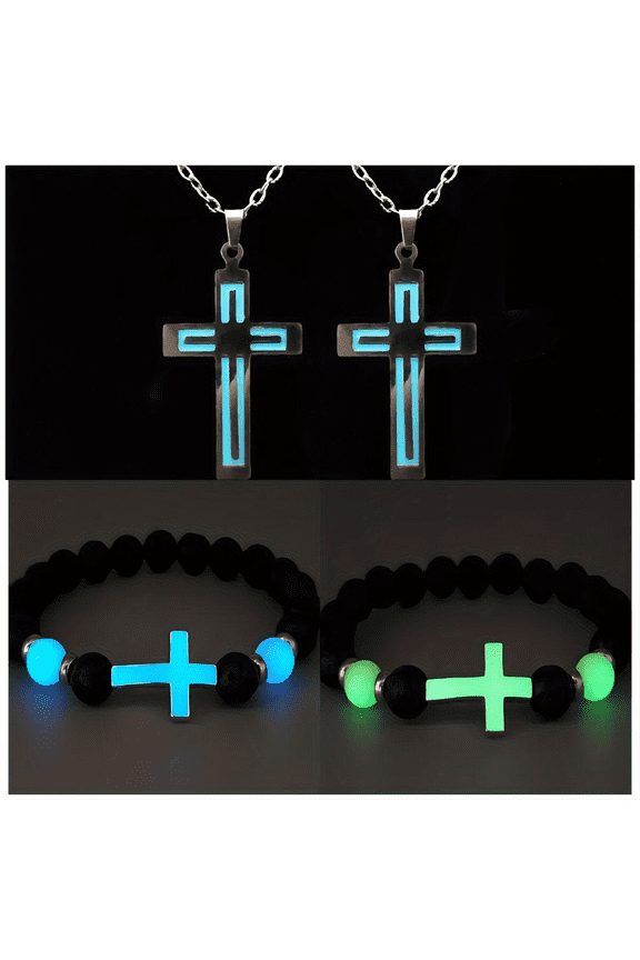 4 Pcs Glow-in-the-dark Cross Pendant Necklace Bracelet Couples Gift Cross Charm Cross Charm Stainless Steel Necklace Set