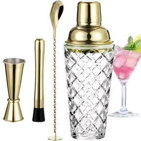 4 Pcs Gold Cocktail Shaker Set, Pineapple Pattern Glass Bartender Kit, Including Glass Shaker, Bar Spoon, Double Jigger (1 & 2 fl oz ) and Ice Crusher, Heavy-Duty Glassware for Home Bar