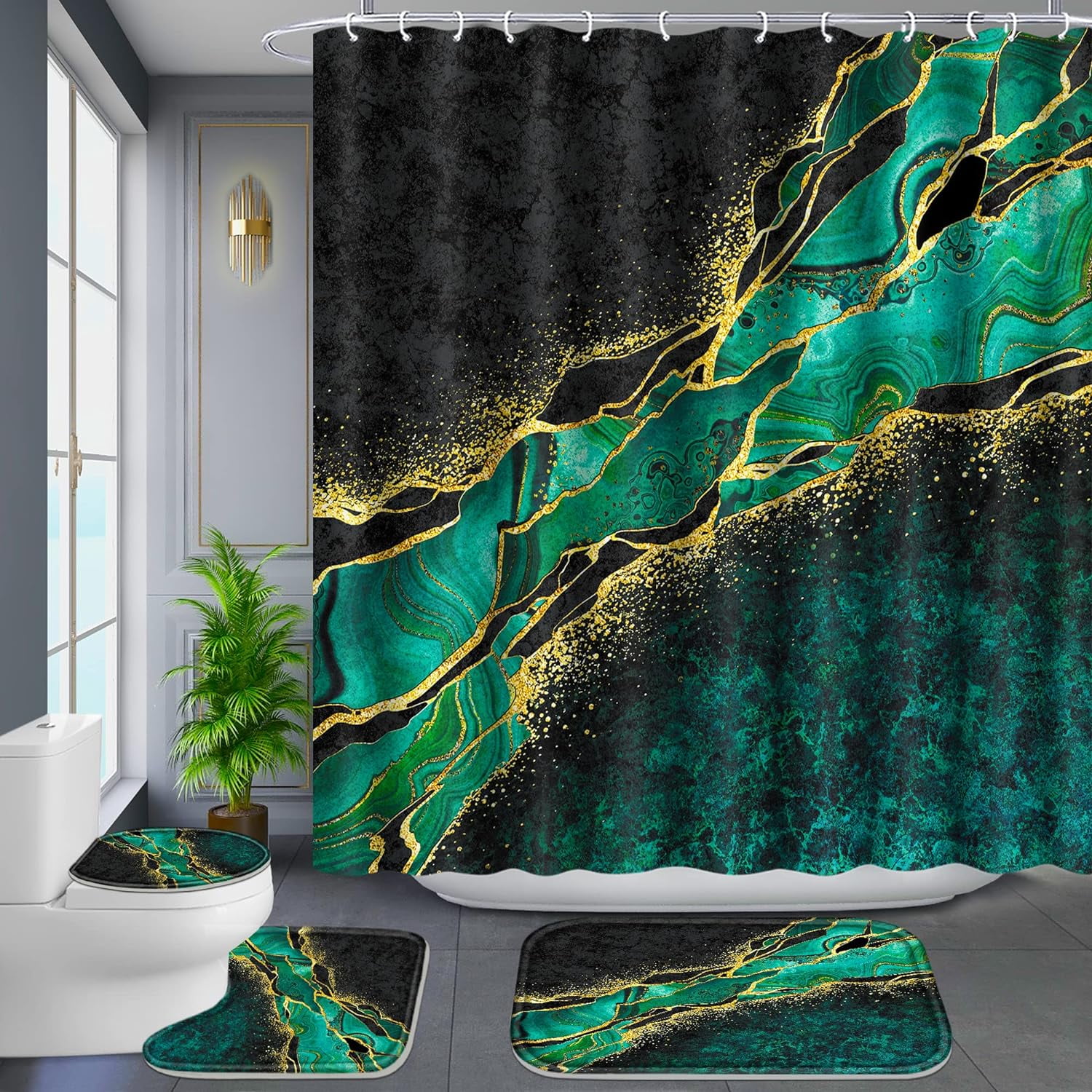 4 Pcs Gold Edge Marble Bathroom Shower Curtain Set, Bathroom Sets with ...