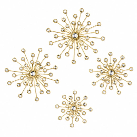 4 Pcs Gold Metal Wall Decor Set, Sunburst Crystal Wall Art with Rhinestone Accents, Cast Iron Wall Hanging Sculpture for Living Room Bedroom Entryway Office Modern Home Decoration