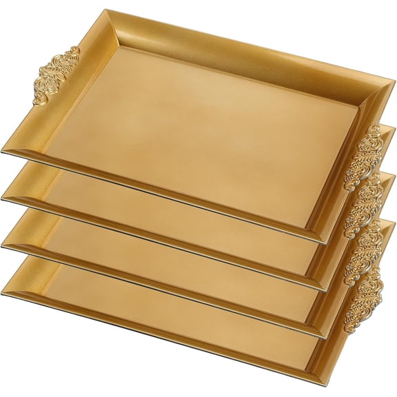 4 Pcs Gold Tray 14" x 10" Rectangle Decorative Plastic Serving Trays with Embossed Rims for Party Anniversary Wedding Bridal Shower, Baby Shower, Birthday, Cake Dessert Display
