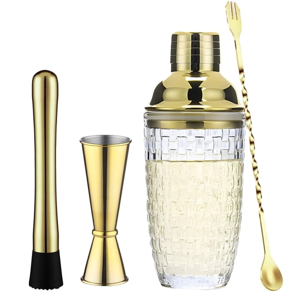 4 Pcs Gold Woven Glass Cocktail Shaker Set, Includes Cocktail Glass, Stirrer, Ice Crasher, and Measuring Cup, 400ml Capacity, Stylish Diamond Pattern Design for Professional and Home Bartenders