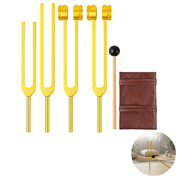 4 Pcs Golden Aluminum Alloy Tuning Forks Set, 136.1Hz 128Hz 256Hz 384Hz Frequencies, Sound Wellness Instruments for Chakra Balancing, Meridian Massage, Meditation, Stress Reduction