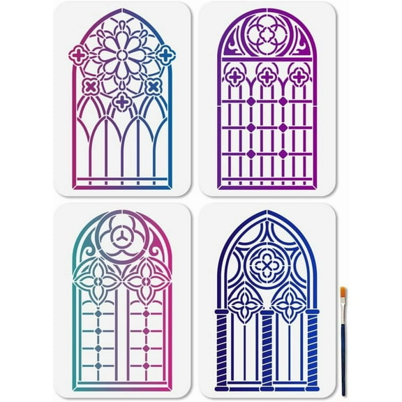 4 Pcs Gothic Window Stencils Reusable Vintage Arch Stencils Painting 8.311.7 Inches Victorian Age Drawing Templates with Paint Brush