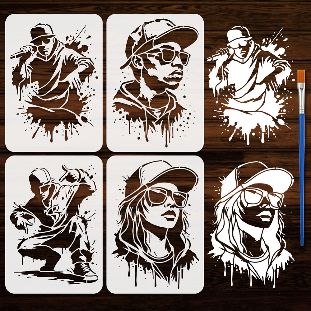 Pattern For Gift Rapper 4 Pcs Graffiti Hip-Hop Character Painting Stencil with Brush 8.3x11.7 ...