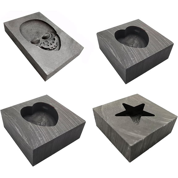 4 Pcs Graphite Casting Ingot Mold, Heart+Star+Skull+Cross Shape Refining Scrap Melting Mold for Casting Metal Melting Gold Silver Aluminum Copper Brass Zinc