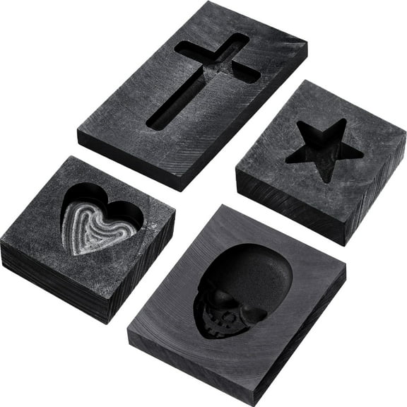 4 Pcs Graphite Casting Ingot Molds Heart Star Skull 3D Cross Refining Scrap Melting Casting Mold for Smelting Gold Silver Metal Aluminum Copper Brass Zinc