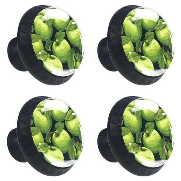 4 Pcs Green Apples Fruit Print Cabinet Knobs 30mm Round Crystal Glass Drawer Handles Pulls with Screws for Kitchen Cupboard Wardrobe Closet Dresser, Home&Office