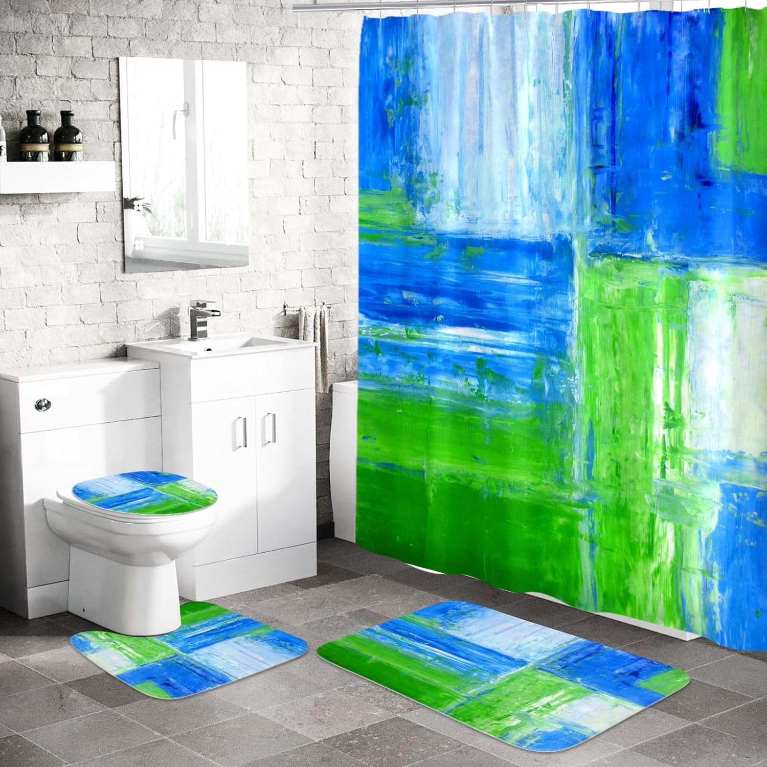 4 Pcs Green and Blue Shower Curtain Sets with Rugs for Bathroom Decor
