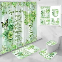 4 Pcs Green Butterfly Inspirational Quotes Shower Curtain Sets with Rugs and Toilet Lid Cover, Colorful Boho Waterproof Fabric Bathroom Set, Bible Verse Floral Bathroom Decor Set Accessories