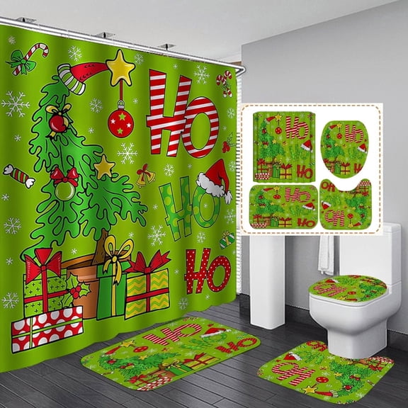 4 Pcs Green Christmas Tree Shower Curtain Sets with Non-Slip Rugs, Toilet Lid Cover and Non-Slip U Shape Bath Mat, Christmas Bathroom Decor with 12 Hooks Xmas Holiday Home Decor