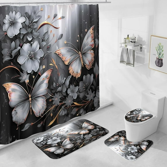 4 Pcs Green Floral Butterfly Shower Curtain Sets with Non-Slip Rugs, Emerald Flower Toilet Lid Cover and Bath Mat, Vintage Bathroom Decor Set with Shower Curtain and Rugs(Hooks Not Included)