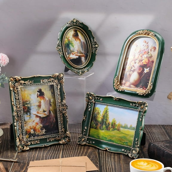 4 Pcs Green Gothic Vintage Picture Frame Set Victorian Antique Ofrenda Photo Picture Frame Small Luxury Wall Hanging Decor for Gallery Wall Photo Display Tabletop Home Decoration