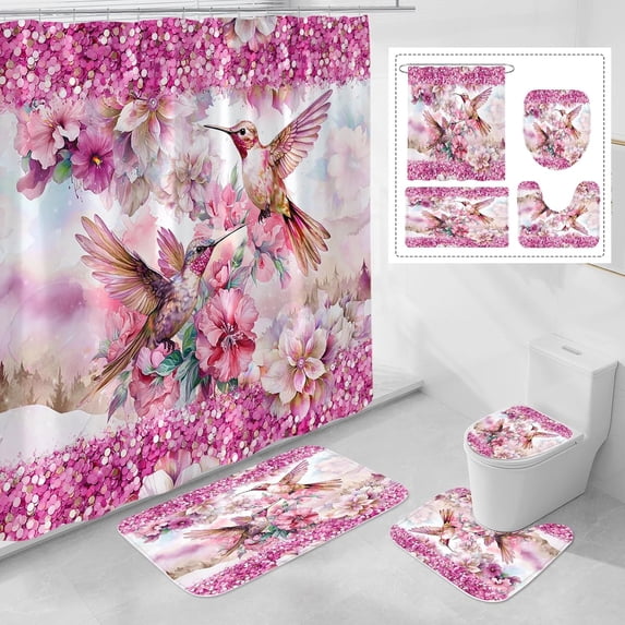 4 Pcs Green Hummingbird Flower Shower Curtain Sets with Rugs for Bathroom Decor, Rustic Floral Bathroom Sets with Shower Curtain and Rugs, Bathroom Curtain Set with Mats (Hooks Not Included)