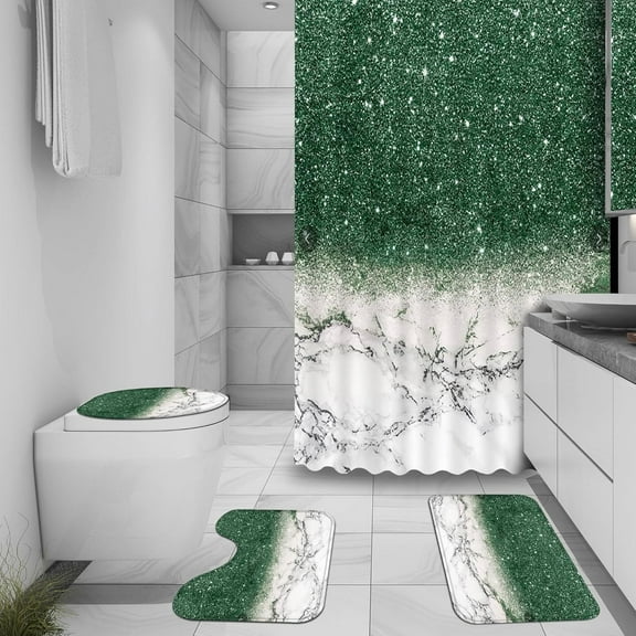 4 Pcs Green Marble Shower Curtain Sets,Bathroom Shower Curtain Sets with Rugs and Accessories,Shiny Toilet Lid Cover Bath Mat and Flash Contour Mat Sets,12 Hooks,Polyester,72 x 72 Inch
