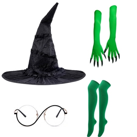 4 Pcs Green Witch Costume Gloves Accessories,Green witch Stockings,Wicked Hat,Witch Costume Glasses, Best gift for movie fans