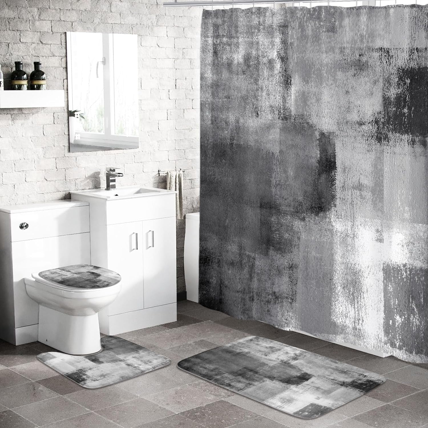 4 Pcs Grey Bathroom Sets with Shower Curtain and Rugs, Abstract Shower Curtain Sets with Rugs for Chic Bathroom Decor,  Grunge Bathroom Decor Curtain Sets with Mats and Accessories