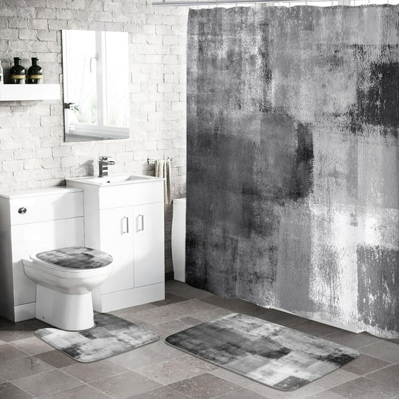 4 Pcs Grey Bathroom Sets with Shower Curtain and Rugs, Abstract Shower Curtain Sets with Rugs for Chic Bathroom Decor, Grunge Bathroom Decor Curtain Sets with Mats and Accessories