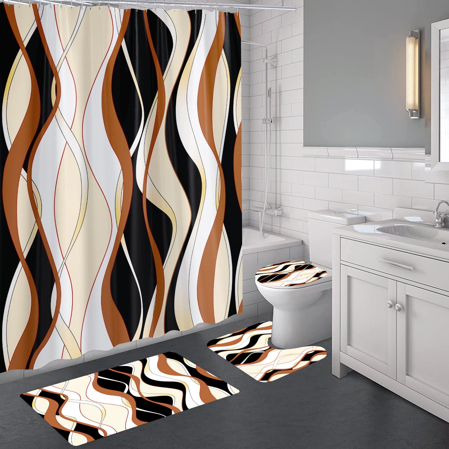 4 Pcs Grey and Yellow Striped Shower Curtain Set Grey and White Bathroom Sets with Shower Curtain and Rugs Modern Home Bathroom Decor Shower Curtains with Rugs and Toilet Lid Cover