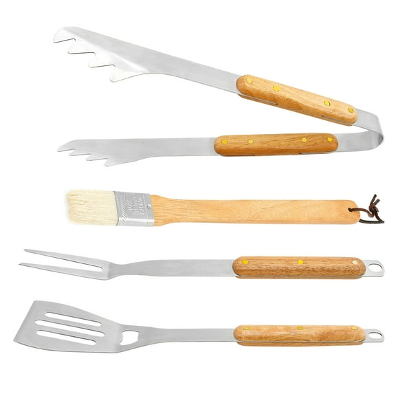 4 Pcs Grill Set Complete BBQ Tool Set Includes BBQ Spatula BBQ Tongs Brush BBQ Fork Practical Grill Kit Ergonomic Grill Tools with Wood Handles for Outdoor Grill