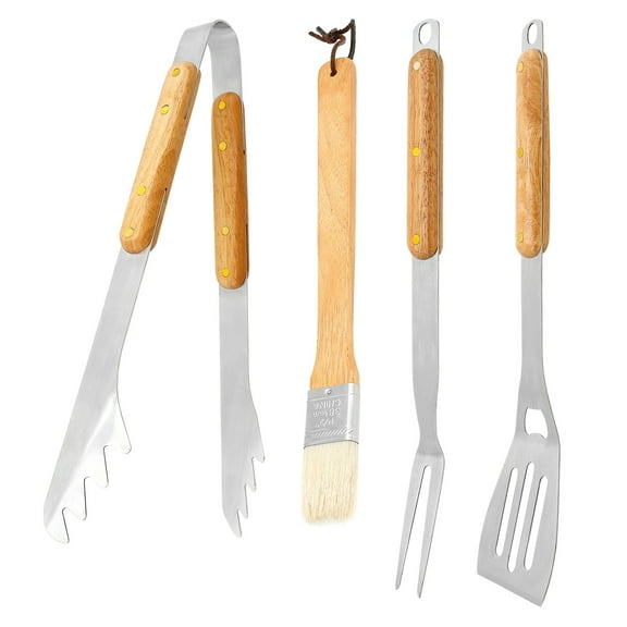 4 Pcs Grill Set Complete BBQ Tool Set Includes BBQ Spatula BBQ Tongs Brush BBQ Fork Practical Grill Kit Ergonomic Grill Tools with Wood Handles for Outdoor Grill