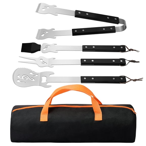 4 Pcs Grill Tool Set Stainless Steel Barbecue Tool Set with Wood Handles Creative Guitar BBQ Set Practical Grilling Tools for Home Camping Traveling