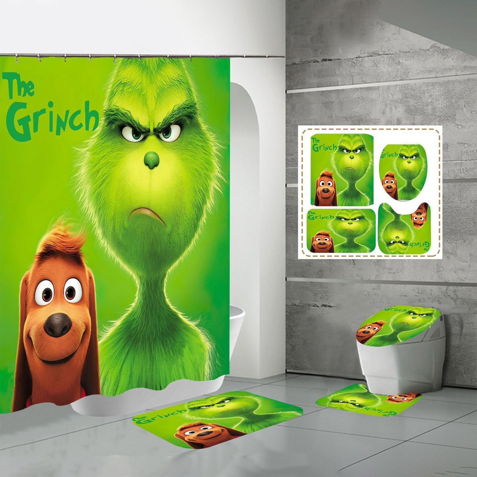 4 Pcs Grinch Christmas Bathroom Sets,Grinch Christmas Shower Curtain ...
