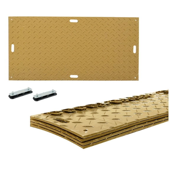 4 Pcs Ground Protection Mats 4' x 8' - Tan, 4ft (W) x 8ft (L), Heavy Equipment Mats w/ 6 Pcs Single Connectors