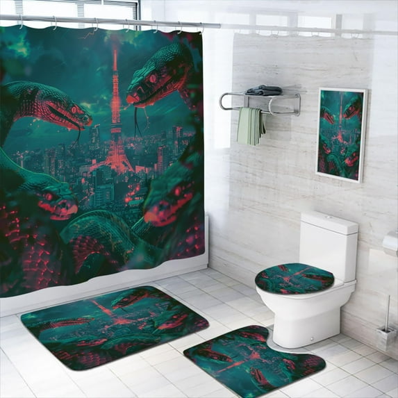 4 Pcs Group Snakes Bathroom Shower Curtain Set with Rugs,Toilet Lid Cover, Bath Mat Wild Snake Pattern Animal Theme Reptiles Bathroom Decor Sets Accessories with 12 Hooks
