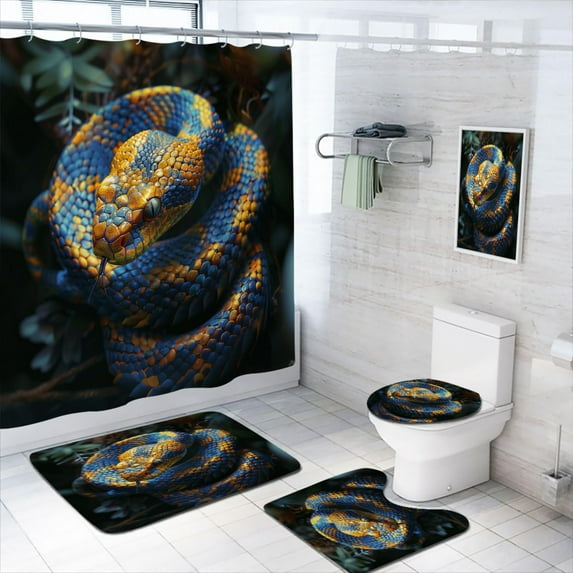4 Pcs Group Snakes Bathroom Shower Curtain Set with Rugs,Toilet Lid Cover, Bath Mat Wild Snake Pattern Animal Theme Reptiles Bathroom Decor Sets Accessories with 12 Hooks